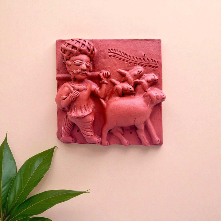 9 x 9 Inch | Cattle Grazer | 3D Handmade Terracotta Molela Mural Wall Art Tile