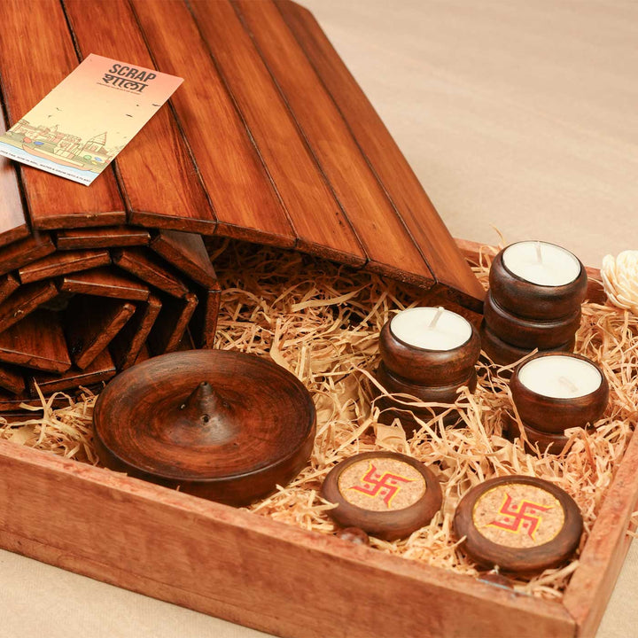 Handmade Sajavat Gift Hamper | Includes Wooden Foldable Runner, Spiral Cylinder Candles, Swastik Door Hanging, Wooden Agarbatti Stand, Seed Card And Outer Box