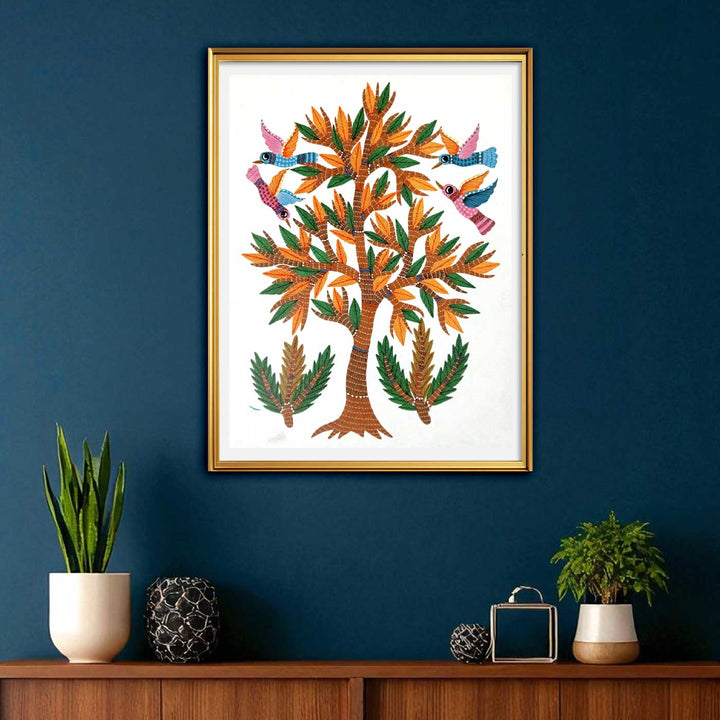 11 x 15 Inch | Birds Around Tree | Original Hand painted Tribal Gond Art Painting | Acrylic Paints On Paper