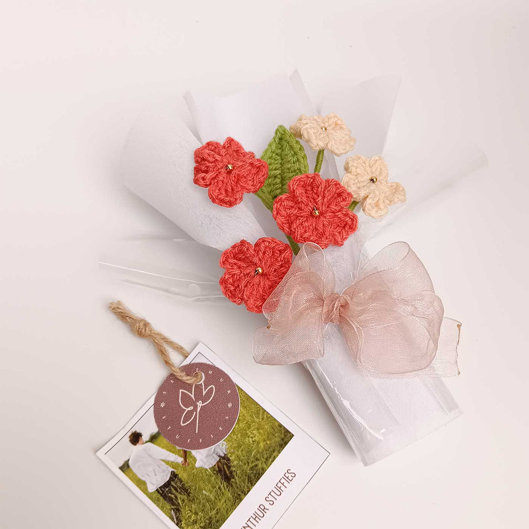 Handmade Crochet Coral Blossom Mini Flower Bouquet | Includes Photo & Greeting Card