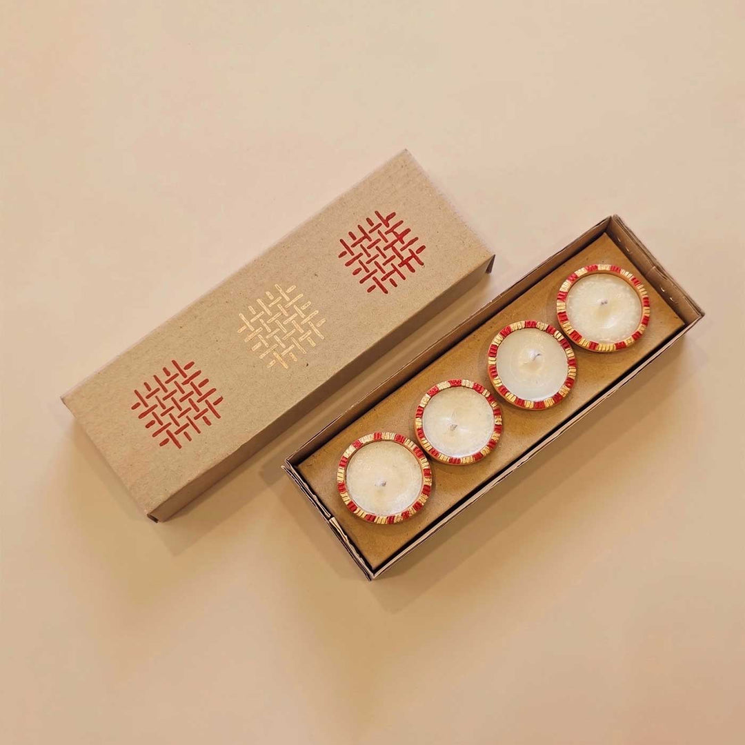 4 pc | Hand-Painted Round Terracotta Tealight Diya For Festive Decor