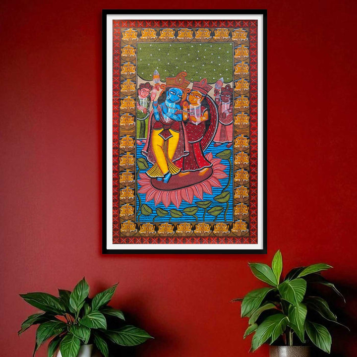 44 x 29 Inch | Radha Krishna | Original Hand Painted Kalighat Painting | Natural Colors On Paper