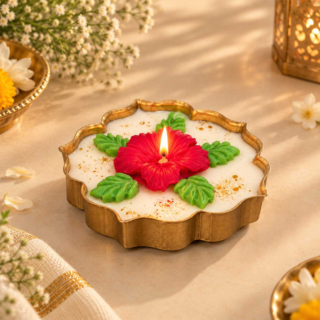 Handmade Hibiscus Flower Soy Wax Scented Iron Urli Candle For Festive Decor
