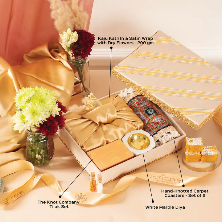 Regal Diwali Retreats Gift Hamper | Includes 1 Diya, 1 Tilak Set, 2 Coasters, 1 Kaju Katli, 1 Gift Box