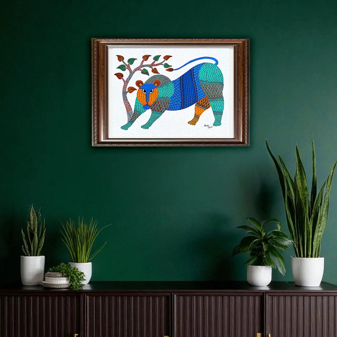 11 x15 Inch | Lion & Tree | Original Hand Painted Tribal Gond Art Painting | Acrylic Paints On Paper
