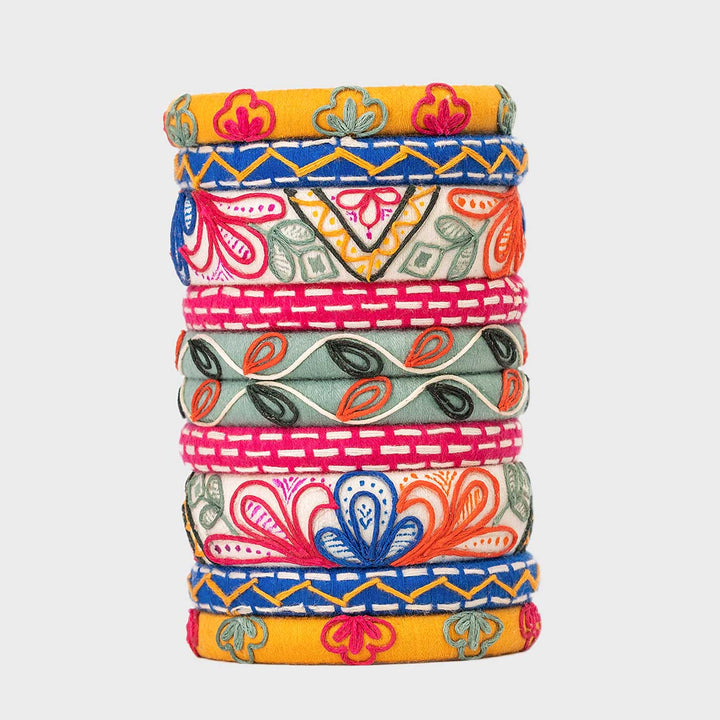 Multicolour Handcrafted Madhavi Cotton Thread Bangles | Set of 10