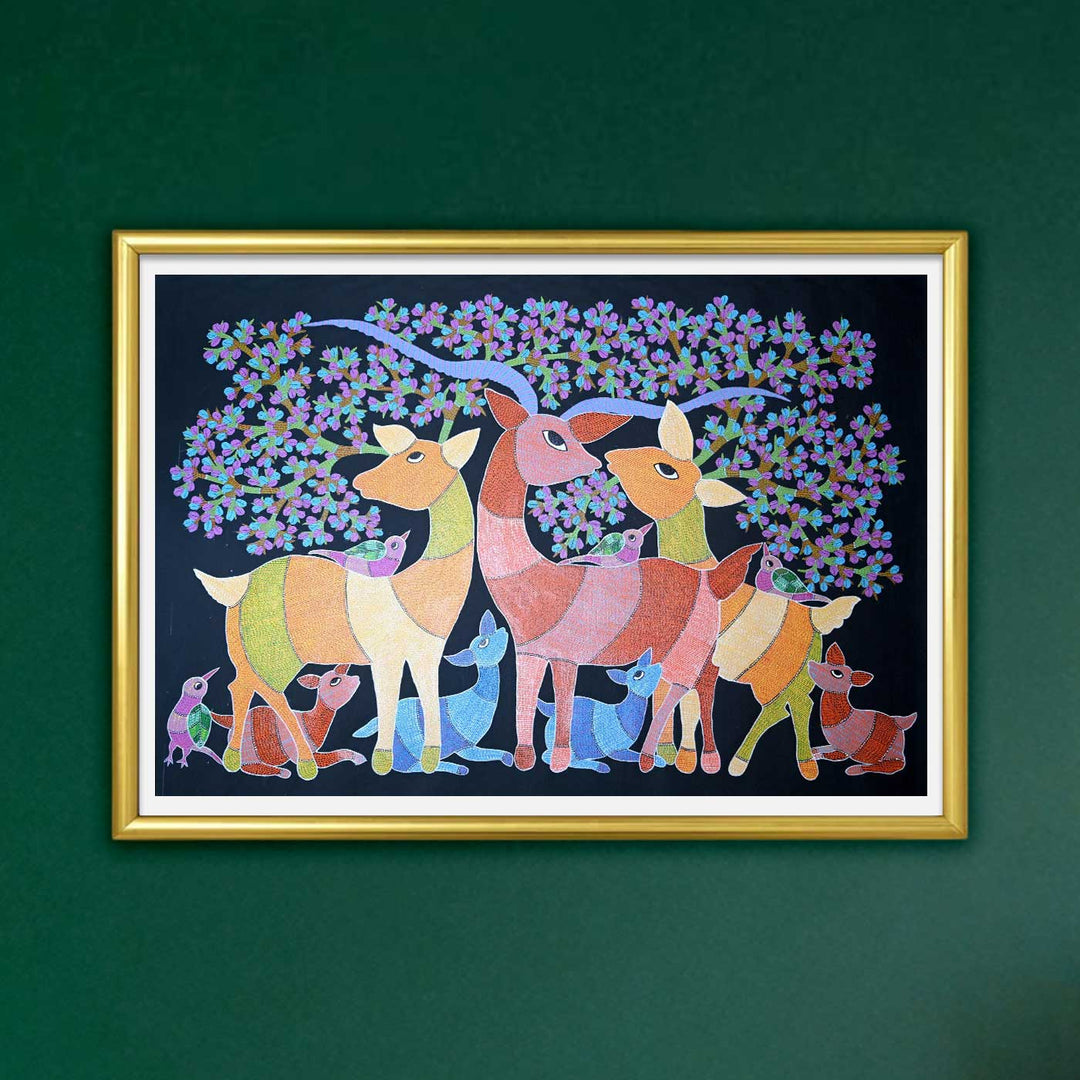 15 x 22 Inch | Birds & Deers | Original Hand Painted Tribal Gond Art Painting | Acrylic Paints On Canvas