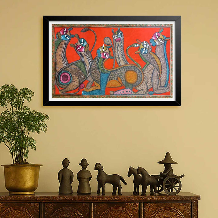 29 x 48 Inch | Cat Family | Original Hand Painted Kalighat Painting | Natural Pigment On Paper