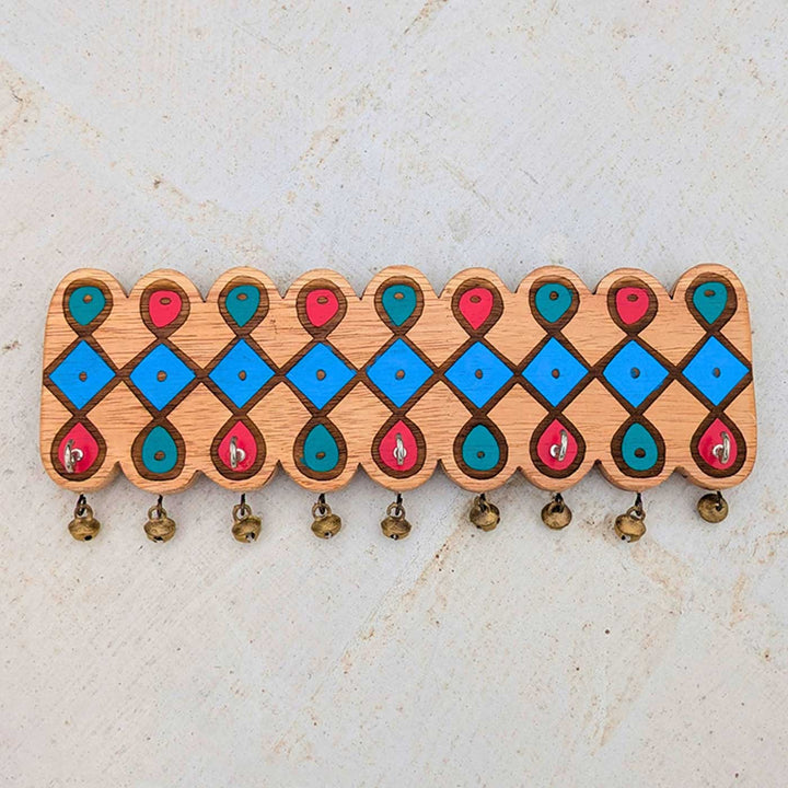 Hand-Painted Diamond Chain Kolam Rubber Wood Wall Key Holder with 5 Hooks and Bells
