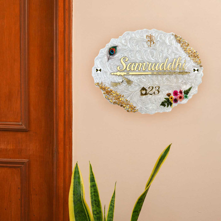 Personalized White Floral Theme Oval Resin & Acrylic Waterproof Name Plate