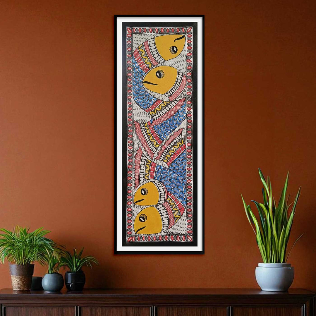 16 x 6 Inch | School Of Fish | Original Hand Painted Madhubani Painting | Acrylic Paints On Paper