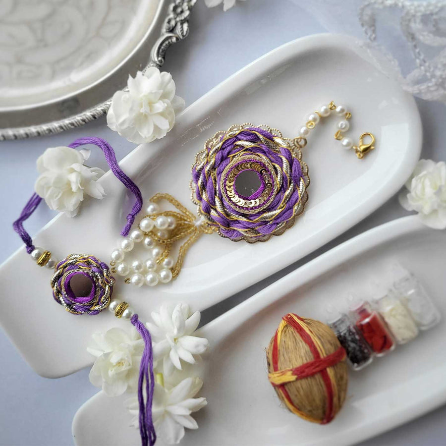 Handmade Mirror Work Braided Rakhi Hamper With Roli Chawal For Bhaiya And Bhabhi - Pair Set Front View
