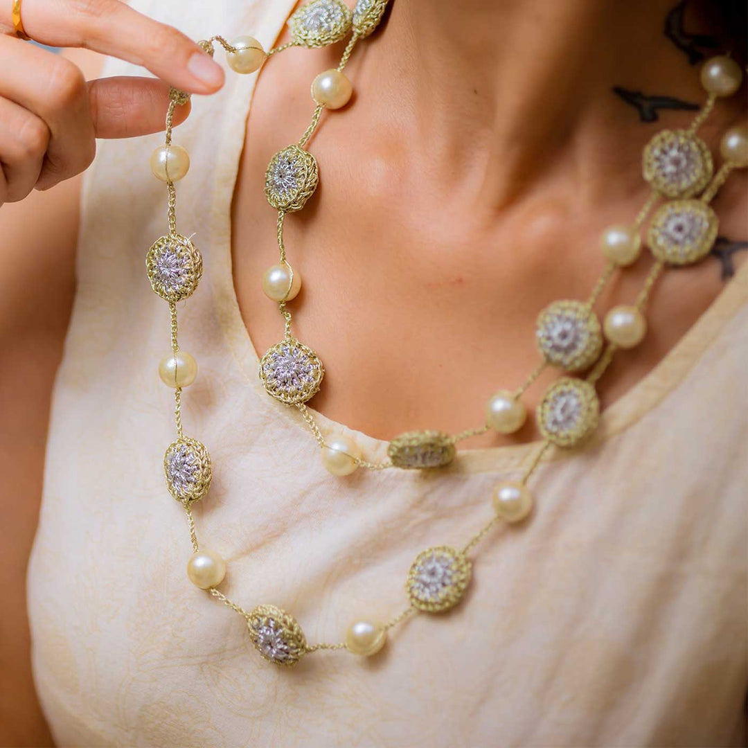 Handmade Crochet Gold Nakshatra Pearl Necklace