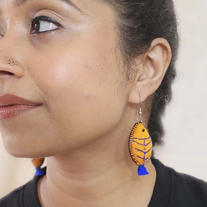Handmade Textile Art Fish Shaped Hook Dupion Silk Fabric Earrings