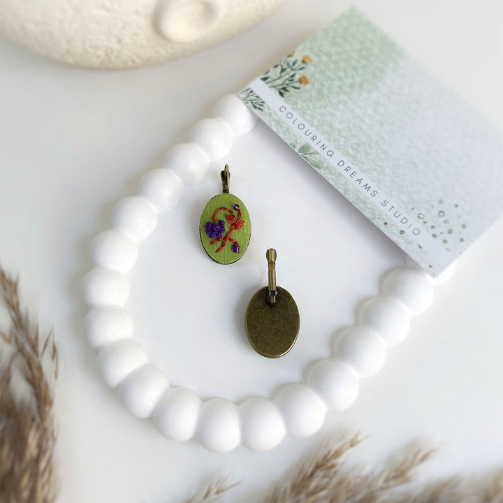 Hand Embroidered Violet Muse Golden Tone Earrings