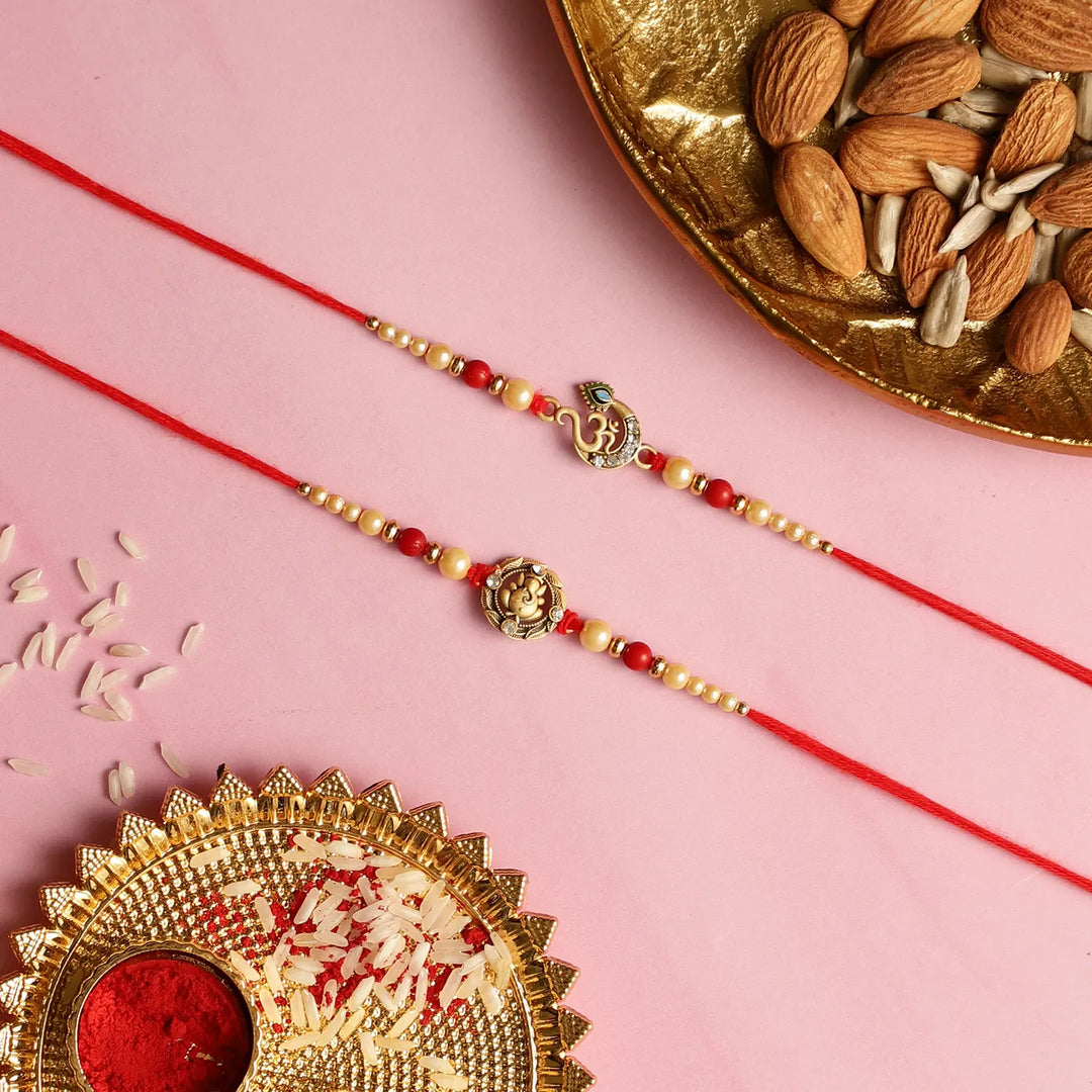 Handmade Festive Rakhi Hamper | Includes 1 Tree Of Life Table Decor, 1 Ganesha Rakhi, 1 Om Rakhi, 1 Roli Chawal