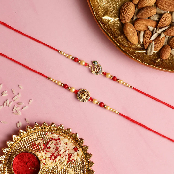 Handmade Festive Rakhi Hamper | Includes 1 Tree Of Life Table Decor, 1 Ganesha Rakhi, 1 Om Rakhi, 1 Roli Chawal
