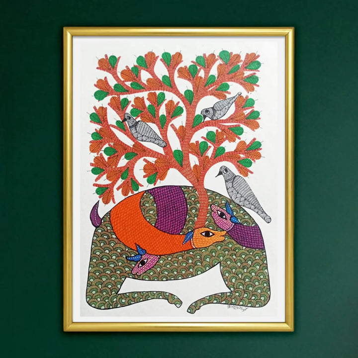 11 x 16 Inch | Deer with Tree & Birds | Original Hand Painted Tribal Gond Art Painting | Acrylic Paint On Paper