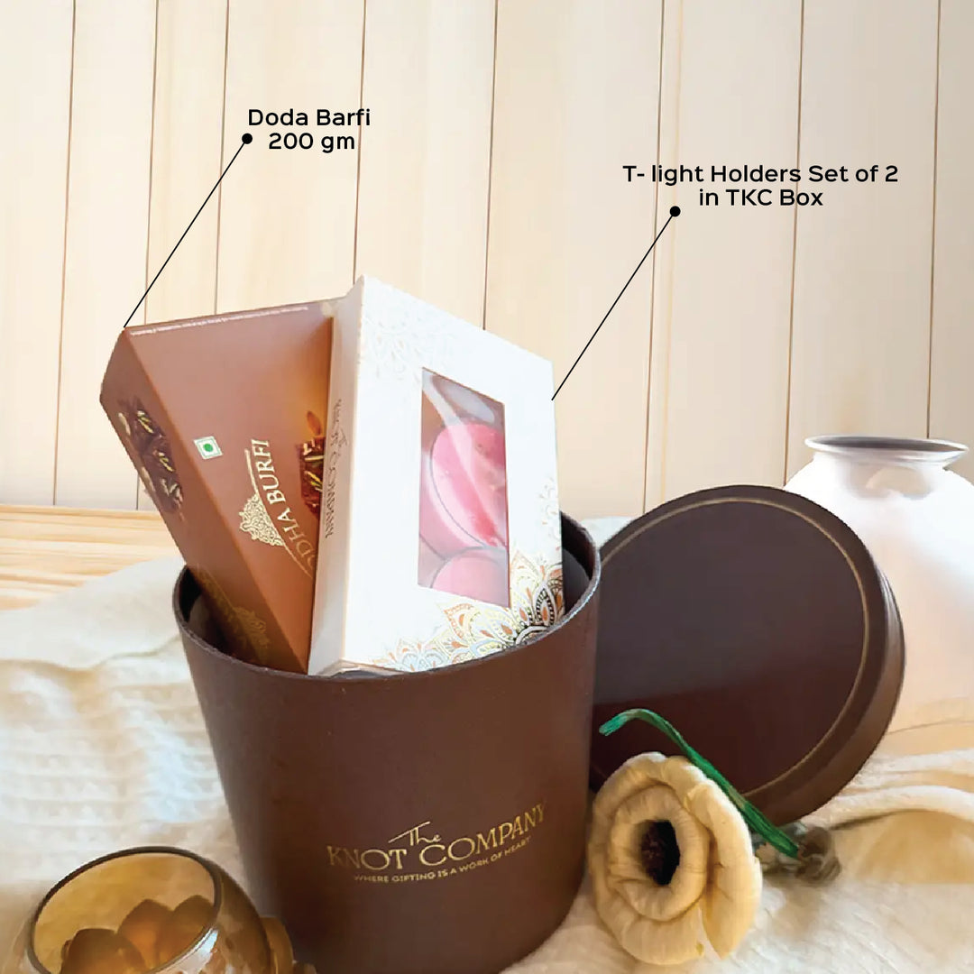 Diya & Delight Diwali Gift Hamper | Includes 1 Doda Barfi Box, 2 Tealight Candles, 1 Bouquet Box