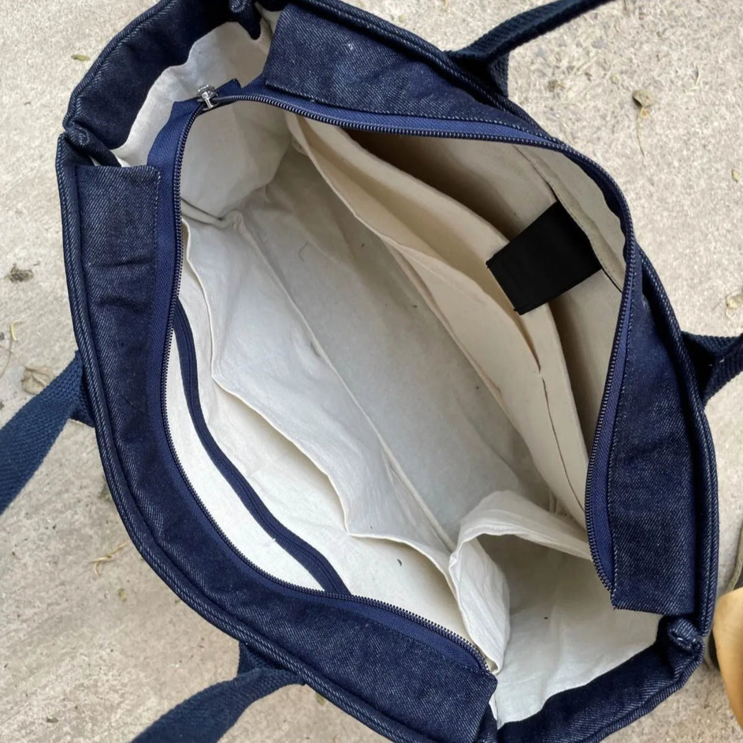 Upcycled Striped Denim Eco-Friendly Laptop Tote Bag