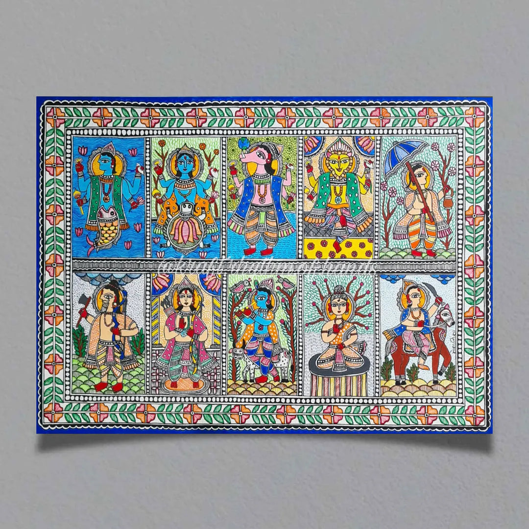 11 x 16 Inch | Dashavatara | Original Hand Painted Madhubani Painting On Paper