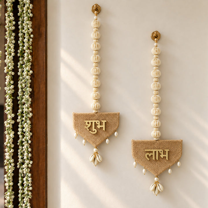 Handmade Jute Fabric Shubh Labh Festive Hangings - Set of 2