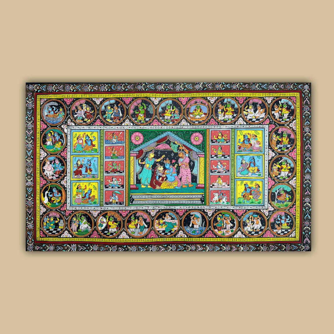 36 X 24 Inch | Handmade Canvas Krishna Rasleela With Dashavataar Painting