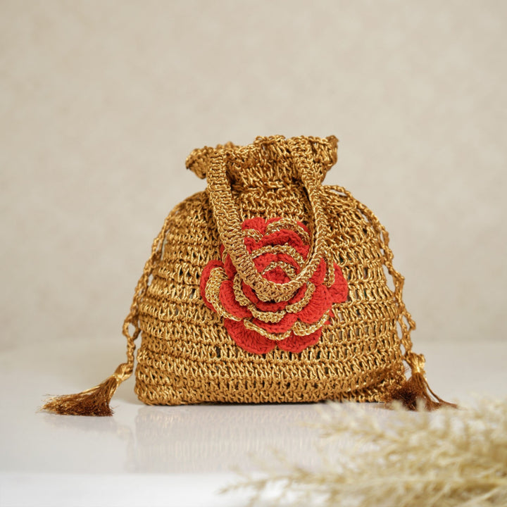 Handmade Crochet Floral Golden Potli