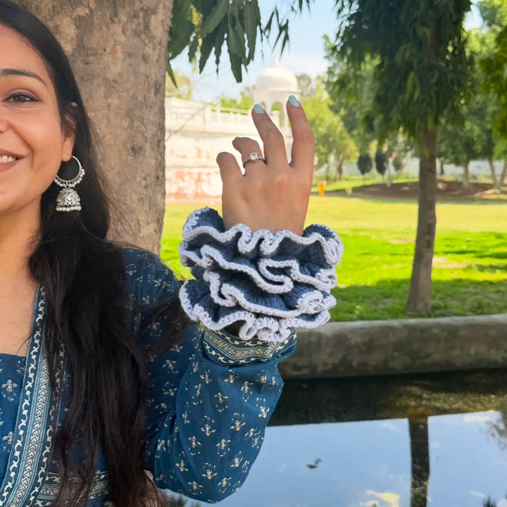 Handmade Crochet Blue Rushed Cotton Scrunchie