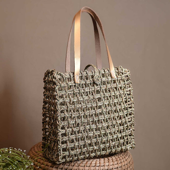 Handmade Grass Woven Rectangular Mesh Leather Strap Sabai Mesh Tote Bag