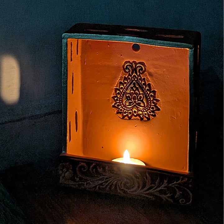 Hand-Painted "TerraShrine" Square Jaali Cutout Terracotta Wall Decor Tealight Holder For Festive Decor