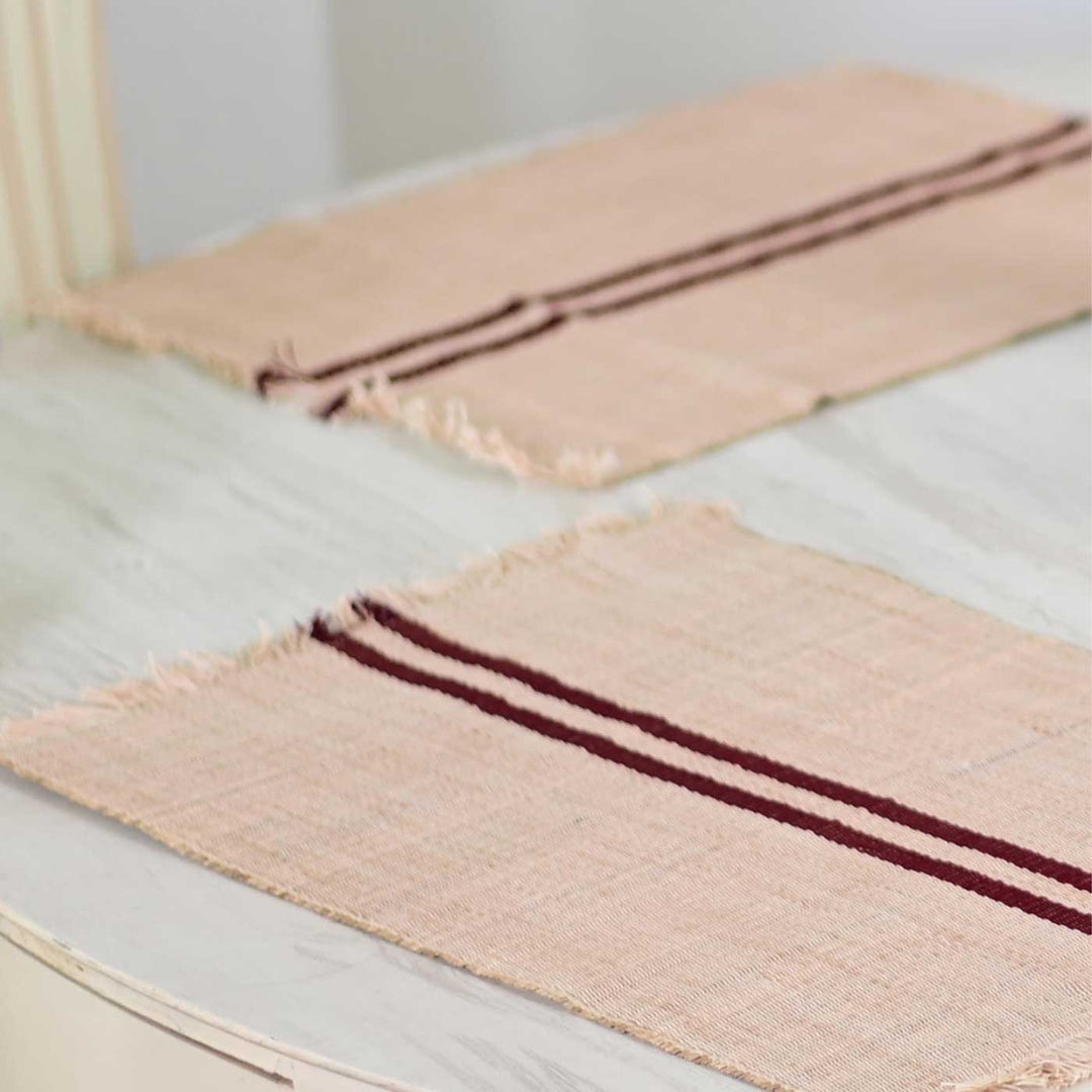 Hand Woven Double Maroon Stripped Madhurkati Table Mat | 15 x 11 inch