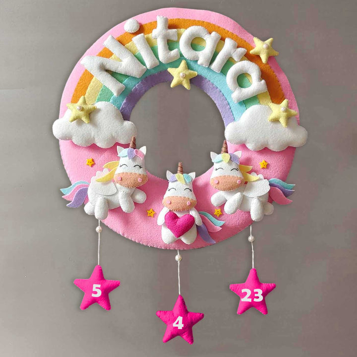 Hand-stitched Pastel Rainbow & Unicorn Themed Round Felt Kids Name Plate for Child