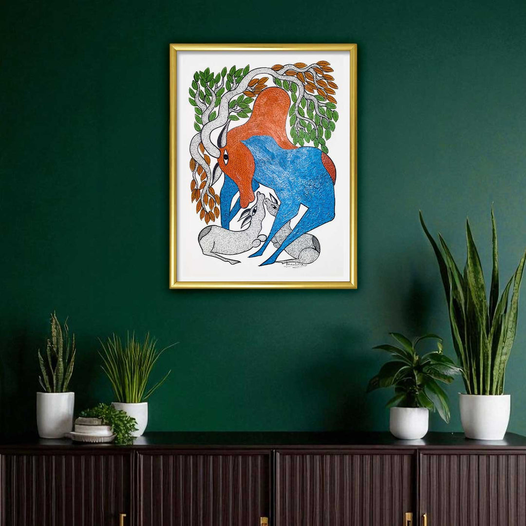 11 x 15 Inch | A Mother’s Embrace Of Cow | Original Hand Painted Tribal Gond Art Painting | Acrylic Paint On Paper