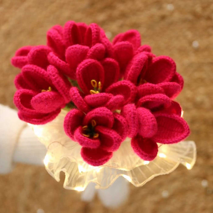 Handmade Crochet Acrylic Yarn Flower Bouquet With Fairy Light Wrap