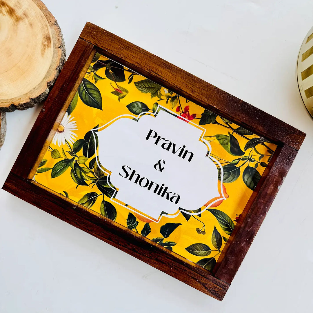 Personalized Yellow Garden Theme Resin Name Plate With Teak Wood Frame