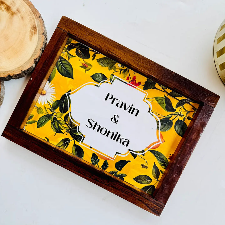 Personalized Yellow Garden Theme Resin Name Plate With Teak Wood Frame
