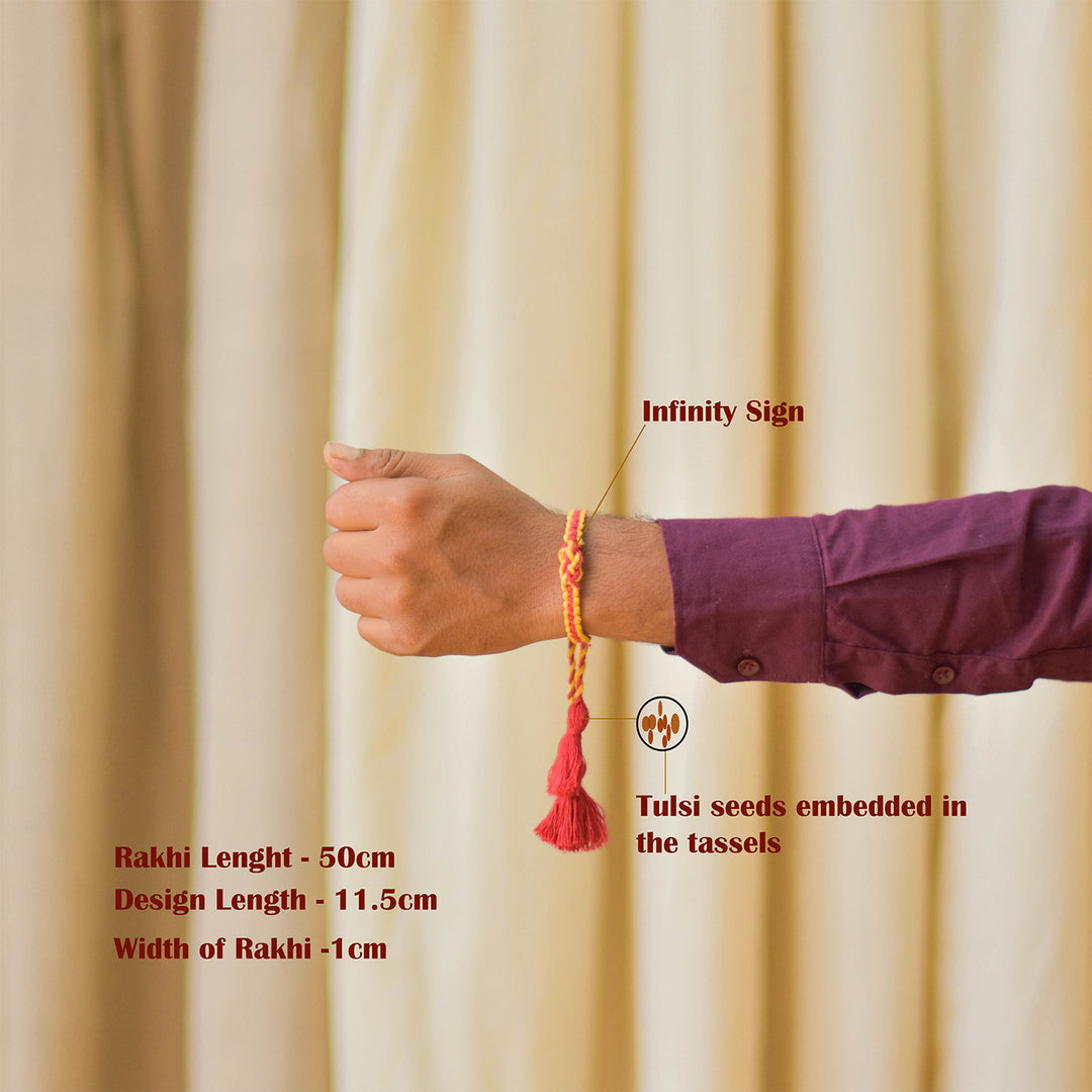 Plantable Anant Sutra Rakhi With Tulsi Seed Mud Ball, Roli-Chawal & Greeting Card For Brother