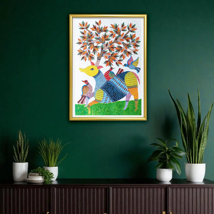 15 x 22 Inch | Deer & Birds | Original Hand Painted Tribal Gond Art Painting | Acrylic Paints On Paper