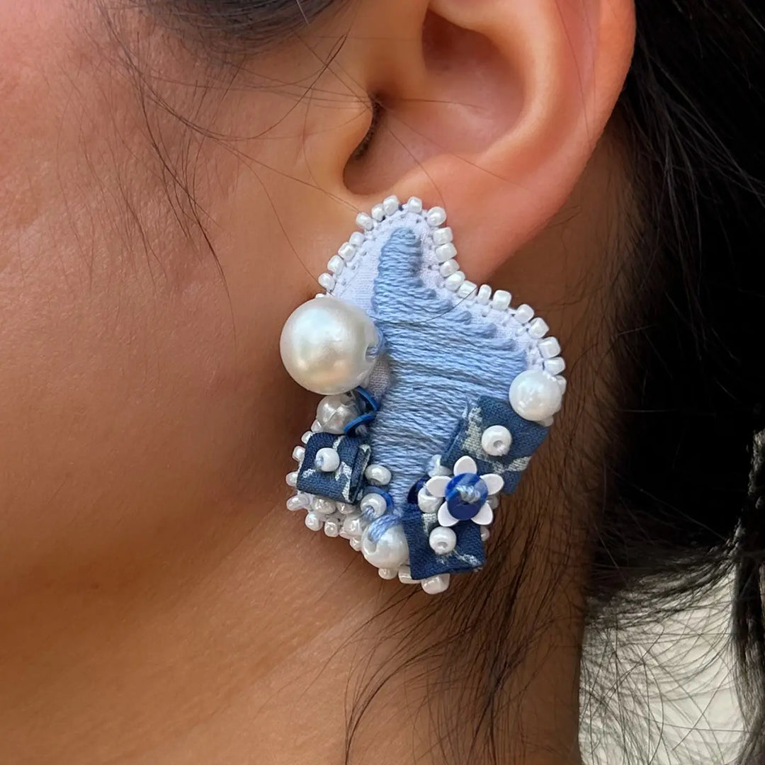 Hand Embroidered Beaded Blue Marine Inspiration Cotton Earrings