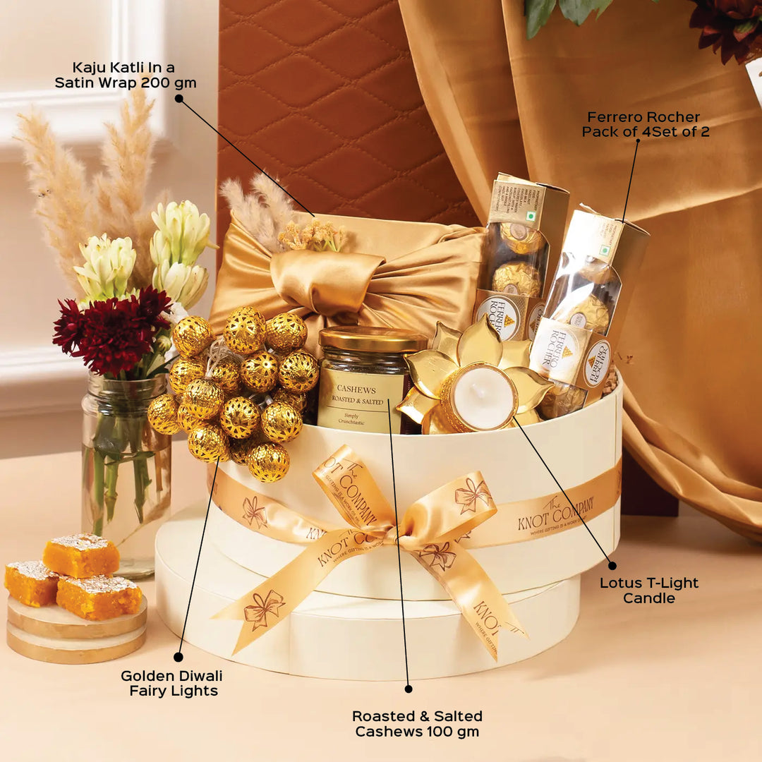 Golden Gleam of Diwali Gift Hamper | Includes 1 Fairy Light, 1 Cashews Jar, 1 Lotus Tealight Holder, 1 Kaju Katli, 2 Ferrero Rocher Boxes, 1 Gift Box