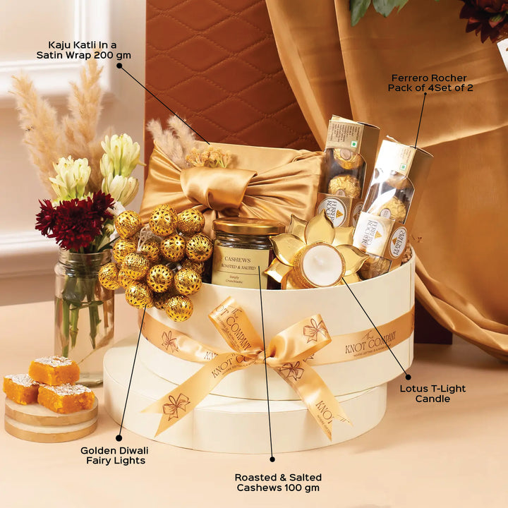 Golden Gleam of Diwali Gift Hamper | Includes 1 Fairy Light, 1 Cashews Jar, 1 Lotus Tealight Holder, 1 Kaju Katli, 2 Ferrero Rocher Boxes, 1 Gift Box