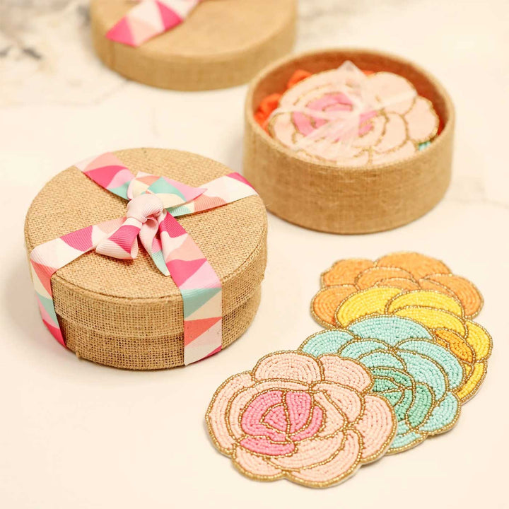 Handmade Beaded Rose Theme Jute Coaster Set | Set Of 4