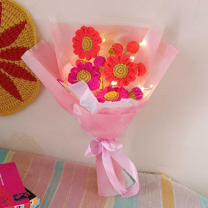 Handmade Crochet Neon Pop Theme Flower Bouquet With Lights