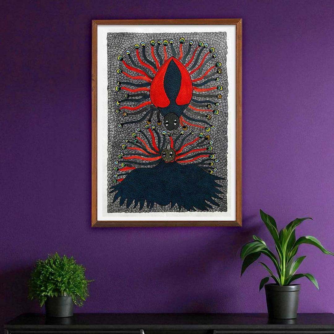 15 x 22 Inch | Two Peacock | Original Hand Painted Tribal Gond Art Painting | Acrylic Paints On Paper
