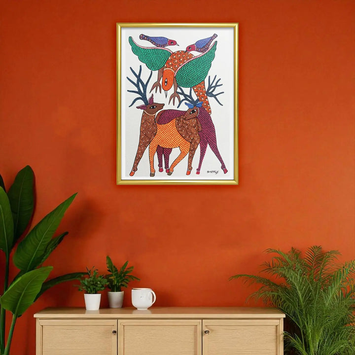 11 x 16 Inch | Deer and Birds in Harmony | Original Hand Painted Tribal Gond Art Painting | Acrylic Paint On Paper