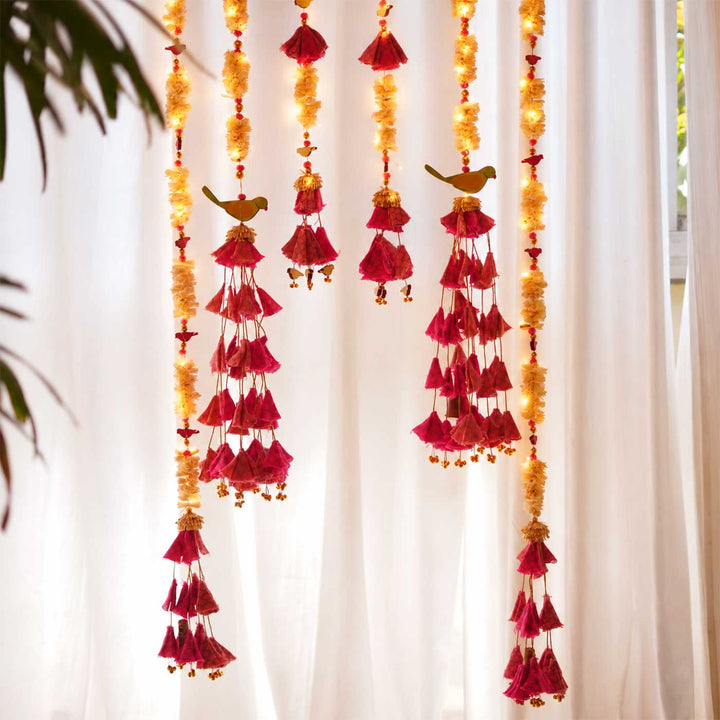 6 Pc | Handmade Parandi Bird Jute Wall Hanging Strings in Different Lengths With LED Lights & Shola Accents