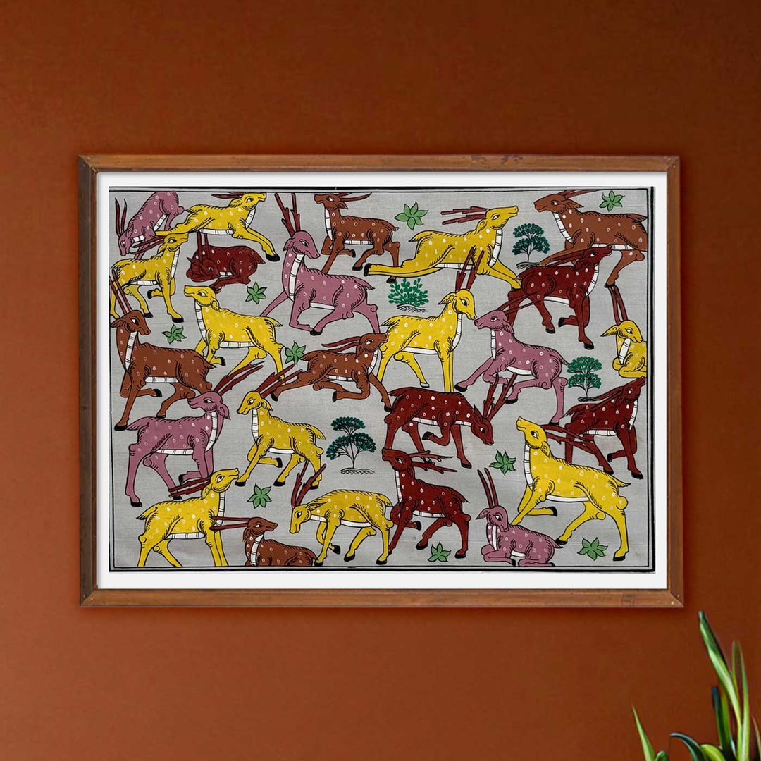 16 X 12 Inch | Handmade Silk Deer Herd Painting