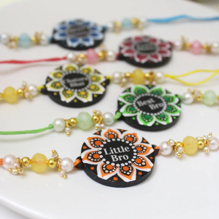 Personalized Hand-Painted Dot Mandala Round Floral Rakhi With Roli Chawal