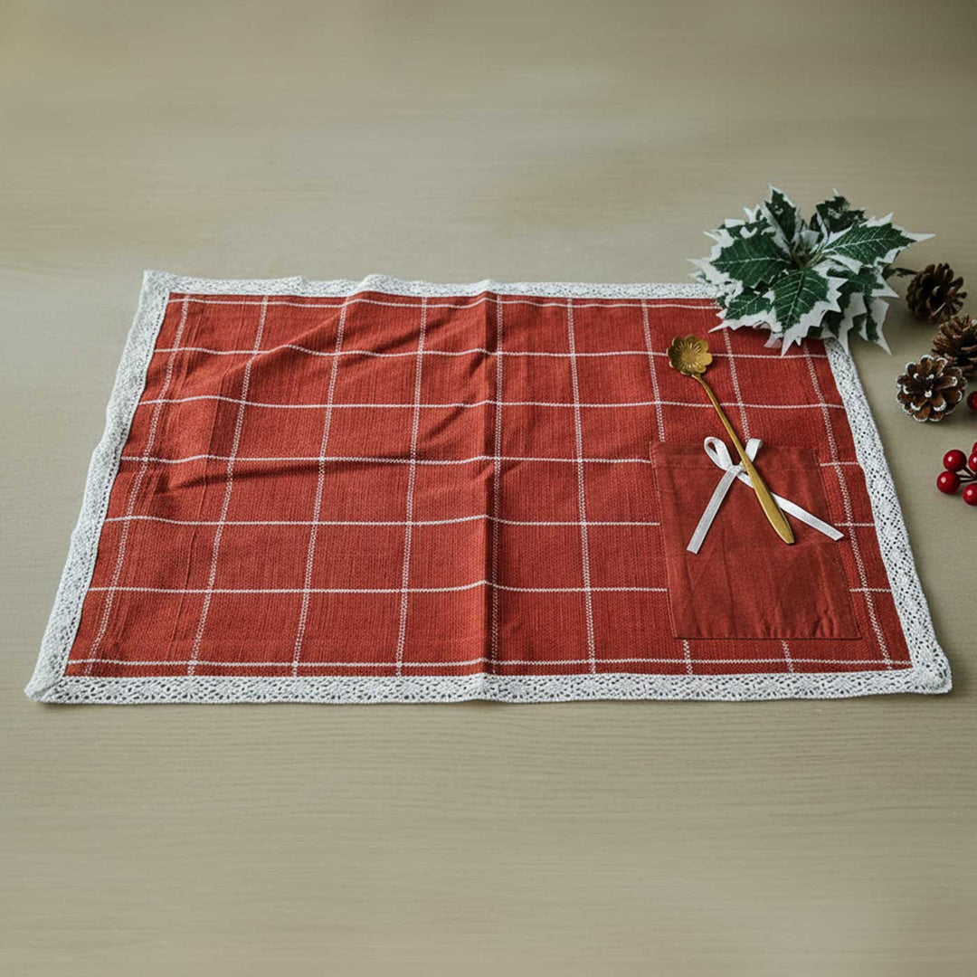 4 Pc | Handmade Checks And Cheer Cinnamon Cotton Table Mat